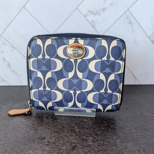 Coach Signature Leather Zip‑Around Wallet – Blue/Cream